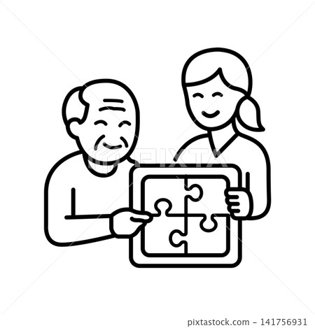 Minimalist line icon showing a caregiver and a senior citizen solving a puzzle together, representing dementia support, memory exercises, cognitive brain therapy, and social care. 141756931