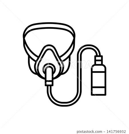 Minimalist line icon featuring an oxygen mask connected to a medical oxygen tank, representing breathing support, respiratory therapy, CPAP treatment, and pulmonary care for seniors. Minimalist line icon featuring an oxygen mask connected to a medical oxygen tank, representing breathing support, respiratory therapy, CPAP treatment, and pulmonary care for seniors. 141756932