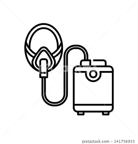 Minimalist line icon showing a portable sleep therapy device connected to a mask, illustrating sleep apnea monitoring, night care, and rest quality management for senior health. Minimalist line icon showing a portable sleep therapy device connected to a mask, illustrating sleep apnea monitoring, night care, and rest quality management for senior health. 141756933
