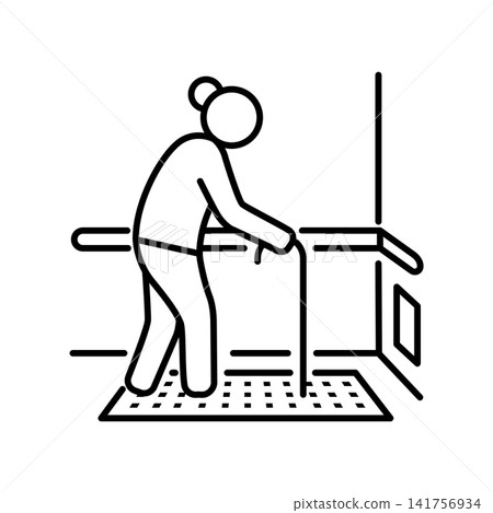 Minimalist line icon showing an elderly person walking carefully using a handrail inside a bathroom with anti-slip mat, representing home safety modifications and fall prevention. Minimalist line icon showing an elderly person walking carefully using a handrail inside a bathroom with anti-slip mat, representing home safety modifications and fall prevention. 141756934