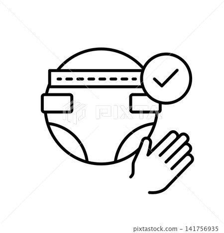 Minimalist line icon displaying an adult protective diaper with a checkmark and supporting hand, representing professional incontinence care management, comfort, and hygiene dignity. Minimalist line icon displaying an adult protective diaper with a checkmark and supporting hand, representing professional incontinence care management, comfort, and hygiene dignity. 141756935