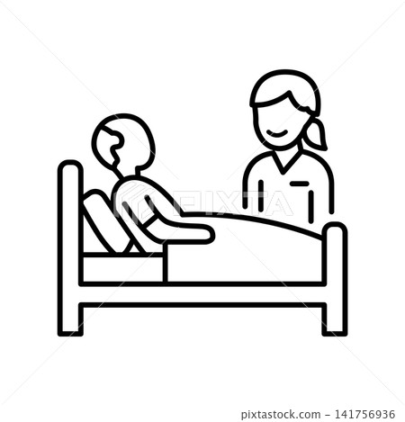 Minimalist line icon depicting a bedridden senior patient with a thermometer being attended by a nurse, representing post-surgical recovery, bedside care, and inpatient monitoring. Minimalist line icon depicting a bedridden senior patient with a thermometer being attended by a nurse, representing post-surgical recovery, bedside care, and inpatient monitoring. 141756936