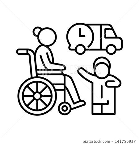Minimalist line icon showing a senior in a wheelchair accompanied by a medical escort next to a transport van, representing medical escort services and handicap accessible transportation. Minimalist line icon showing a senior in a wheelchair accompanied by a medical escort next to a transport van, representing medical escort services and handicap accessible transportation. 141756937