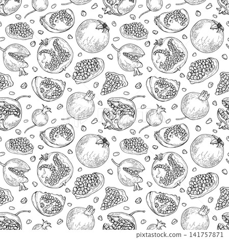 Pomegranate seamless pattern linear drawing. Hand drawn fruits slices and seeds sketch illustration. Botanical vector background for wallpaper, fabric design, and kitchen decor texture. Pomegranate seamless pattern linear drawing. Hand drawn fruits slices and seeds sketch illustration. Botanical vector background for wallpaper, fabric design, and kitchen decor texture. 141757871
