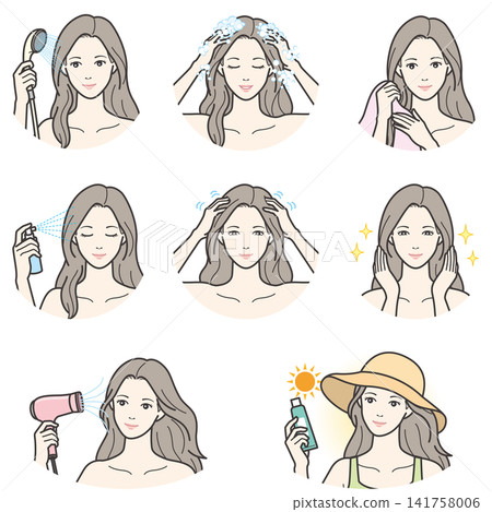 一組描繪女性洗頭和進行頭髮護理的插圖。 141758006