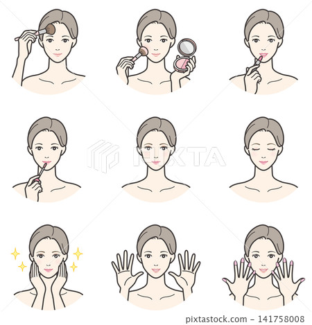一組描繪女性化妝和塗指甲油的插圖。 一組描繪女性化妝和塗指甲油的插圖。 141758008