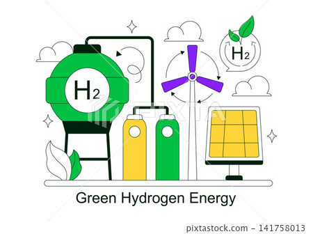 Green Hydrogen Energy Vector Illustration Featuring Renewable Fuel Technology, Clean Power Generation, Sustainable Mobility, and Hydrogen Storage Green Hydrogen Energy Vector Illustration Featuring Renewable Fuel Technology, Clean Power Generation, Sustainable Mobility, and Hydrogen Storage 141758013
