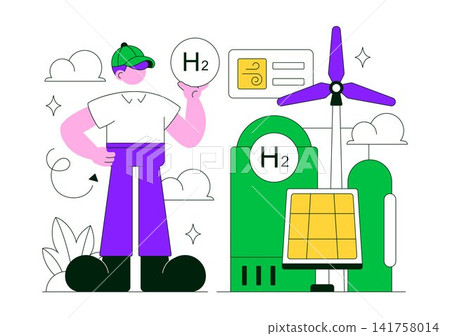 Green Hydrogen Energy Vector Illustration Featuring Renewable Fuel Technology, Clean Power Generation, Sustainable Mobility, and Hydrogen Storage 141758014