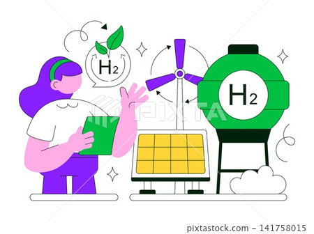 Green Hydrogen Energy Vector Illustration Featuring Renewable Fuel Technology, Clean Power Generation, Sustainable Mobility, and Hydrogen Storage Green Hydrogen Energy Vector Illustration Featuring Renewable Fuel Technology, Clean Power Generation, Sustainable Mobility, and Hydrogen Storage 141758015