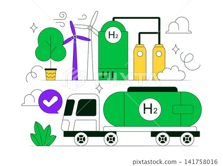Green Hydrogen Energy Vector Illustration Featuring Renewable Fuel Technology, Clean Power Generation, Sustainable Mobility, and Hydrogen Storage Green Hydrogen Energy Vector Illustration Featuring Renewable Fuel Technology, Clean Power Generation, Sustainable Mobility, and Hydrogen Storage 141758016