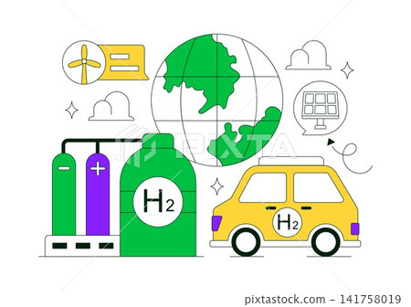 Green Hydrogen Energy Vector Illustration Featuring Renewable Fuel Technology, Clean Power Generation, Sustainable Mobility, and Hydrogen Storage Green Hydrogen Energy Vector Illustration Featuring Renewable Fuel Technology, Clean Power Generation, Sustainable Mobility, and Hydrogen Storage 141758019
