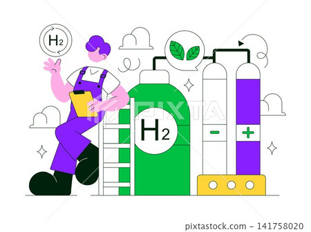 Green Hydrogen Energy Vector Illustration Featuring Renewable Fuel Technology, Clean Power Generation, Sustainable Mobility, and Hydrogen Storage Green Hydrogen Energy Vector Illustration Featuring Renewable Fuel Technology, Clean Power Generation, Sustainable Mobility, and Hydrogen Storage 141758020