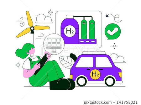 Green Hydrogen Energy Vector Illustration Featuring Renewable Fuel Technology, Clean Power Generation, Sustainable Mobility, and Hydrogen Storage Green Hydrogen Energy Vector Illustration Featuring Renewable Fuel Technology, Clean Power Generation, Sustainable Mobility, and Hydrogen Storage 141758021
