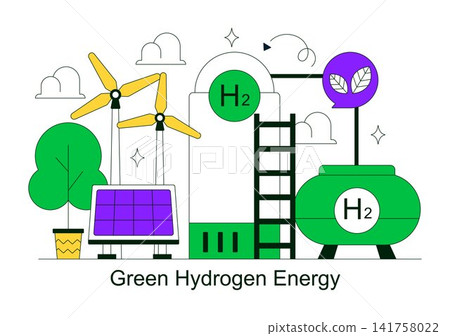 Green Hydrogen Energy Vector Illustration Featuring Renewable Fuel Technology, Clean Power Generation, Sustainable Mobility, and Hydrogen Storage Green Hydrogen Energy Vector Illustration Featuring Renewable Fuel Technology, Clean Power Generation, Sustainable Mobility, and Hydrogen Storage 141758022