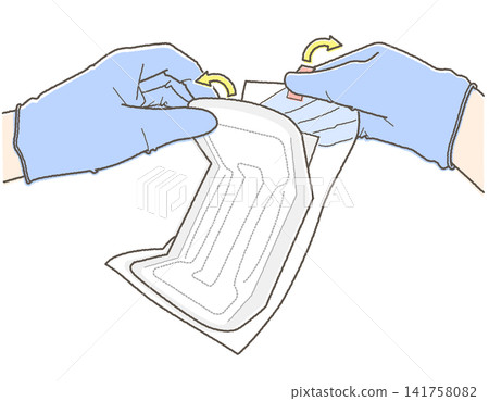An illustration showing how to remove the outer wrapper from a sanitary napkin while wearing gloves (hand-drawn style lines, pastel colors). An illustration showing how to remove the outer wrapper from a sanitary napkin while wearing gloves (hand-drawn style lines, pastel colors). 141758082