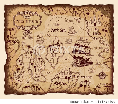1861 pirate map shows ships and islands 1861 pirate map shows ships and islands 141758109