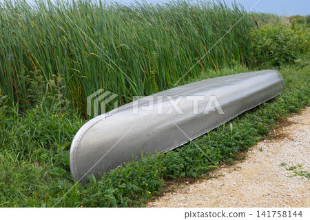 Upside Down Aluminum Canoe Near Wetland Upside Down Aluminum Canoe Near Wetland 141758144