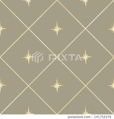 Star seamless watercolor pattern on beige or brown background. Minimal celestial repeat with diamond shape in golden colors for fabric, wallpaper, nursery textiles and wrapping paper. Childish design. 141758376