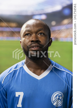 Portrait black soccer player in blue jersey listening to national anthem during pre-match ceremony, match day opening on pitch. Focused footballer standing in lineup. Portrait black soccer player in blue jersey listening to national anthem during pre-match ceremony, match day opening on pitch. Focused footballer standing in lineup. 141758561