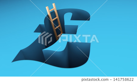 Business Finance Concept: British Pound Currency Symbol With Wooden Ladder Leading Into a Hole Business Finance Concept: British Pound Currency Symbol With Wooden Ladder Leading Into a Hole 141758622