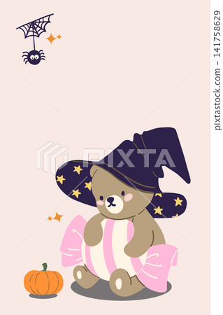 Halloween Greeting Card Cute Witch Bear Hugging Giant Candy with Pumpkin and Copy Space Halloween Greeting Card Cute Witch Bear Hugging Giant Candy with Pumpkin and Copy Space 141758629