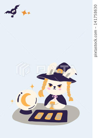 Halloween Greeting Card Cute Witch Bunny Fortune Teller with Crystal Ball and Tarot Cards Halloween Greeting Card Cute Witch Bunny Fortune Teller with Crystal Ball and Tarot Cards 141758630