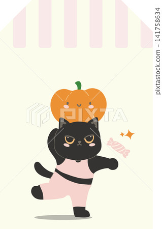 Halloween Gift Tag Cute Black Cat Yoga Exercise Workout with Pumpkin Candy and Copy Space 141758634