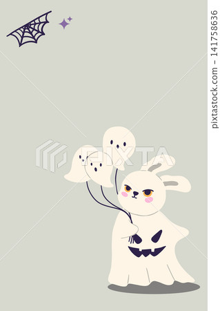Halloween Greeting Card Cute Bunny in Ghost Costume with Ghost Balloons and Copy Space Halloween Greeting Card Cute Bunny in Ghost Costume with Ghost Balloons and Copy Space 141758636