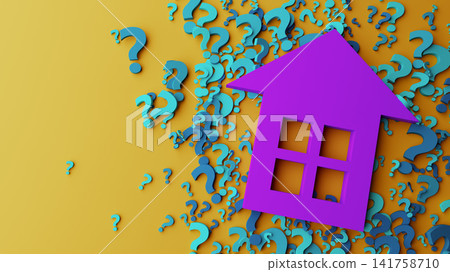 Purple House Icon Surrounded by Question Marks Representing Real Estate Questions and Mortgage Uncertainty Purple House Icon Surrounded by Question Marks Representing Real Estate Questions and Mortgage Uncertainty 141758710