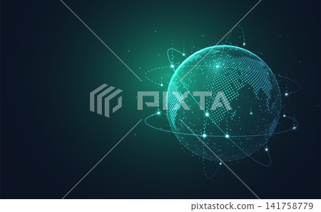 Abstract futuristic global network connection background. Digital cyan glowing earth globe with plexus lines and data dots vector illustration. Abstract futuristic global network connection background. Digital cyan glowing earth globe with plexus lines and data dots vector illustration. 141758779