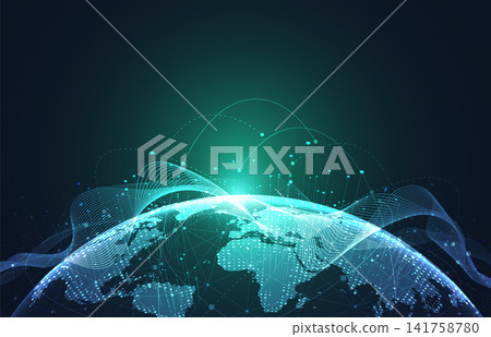 Futuristic digital earth globe with global network connection. Abstract big data visualization and glowing particle wave vector illustration. Futuristic digital earth globe with global network connection. Abstract big data visualization and glowing particle wave vector illustration. 141758780