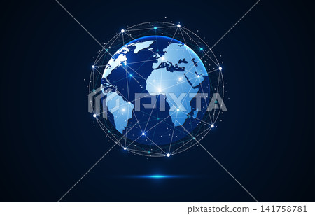 Global network connection background. Abstract futuristic digital earth globe with plexus lines and data dots vector illustration. Global network connection background. Abstract futuristic digital earth globe with plexus lines and data dots vector illustration. 141758781