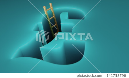Business Finance Concept: British Pound Currency Symbol With Wooden Ladder Leading Into a Hole Business Finance Concept: British Pound Currency Symbol With Wooden Ladder Leading Into a Hole 141758796