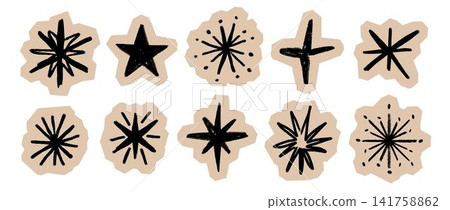 Hand drawn collage spark element set. Craft scrapbook stars collection. Crayon doodle sparkle cut out paper sticker pack. Sketched shapes for DIY badge, zine, poster. Vector illustrations Hand drawn collage spark element set. Craft scrapbook stars collection. Crayon doodle sparkle cut out paper sticker pack. Sketched shapes for DIY badge, zine, poster. Vector illustrations 141758862