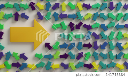 Yellow Arrow Leading a Crowd of Colorful Arrows Representing Leadership, Direction and Change 141758884