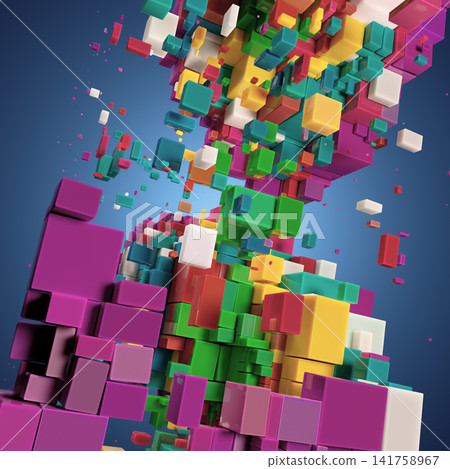 Vibrant 3D Cube Explosion Against a Gradient Blue Background Vibrant 3D Cube Explosion Against a Gradient Blue Background 141758967