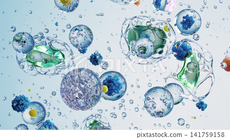 Colorful Biological and Molecular Spheres Floating in Clear Liquid Environment Colorful Biological and Molecular Spheres Floating in Clear Liquid Environment 141759158