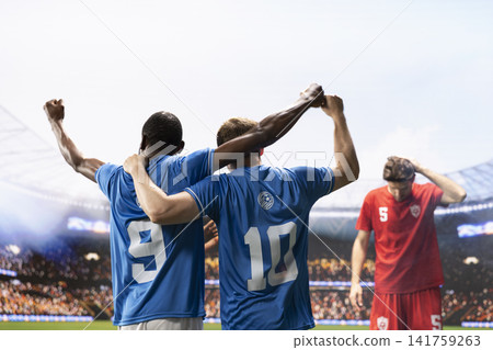 Soccer teammates celebrating winning goal with raised arms, disappointed opposing player beaten on pitch. Match day mixed emotions for teams of opponents, cheering for victory. Soccer teammates celebrating winning goal with raised arms, disappointed opposing player beaten on pitch. Match day mixed emotions for teams of opponents, cheering for victory. 141759263