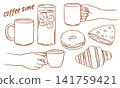 Hand-drawn illustrations of coffee and sweets, crayon style. 141759421