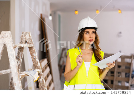Woman foreman in a protective helmet and yellow vest checks the completed construction work on drawing Woman foreman in a protective helmet and yellow vest checks the completed construction work on drawing 141759834