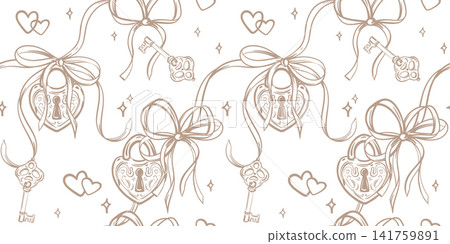 Vector wedding background. Seamless pattern in Coquette style. A padlock and key symbol love. Line monochrome sketch. Clipart for Valentine's Day marriages. Decorative element packaging paper, fabric. Vector wedding background. Seamless pattern in Coquette style. A padlock and key symbol love. Line monochrome sketch. Clipart for Valentine's Day marriages. Decorative element packaging paper, fabric. 141759891