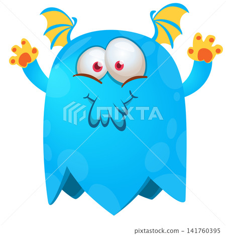 Cartoon cute and funny monster creature character design with scary horns and face expression waving hands . Vector illustration. For Halloween party decoration or package design Cartoon cute and funny monster creature character design with scary horns and face expression waving hands . Vector illustration. For Halloween party decoration or package design 141760395