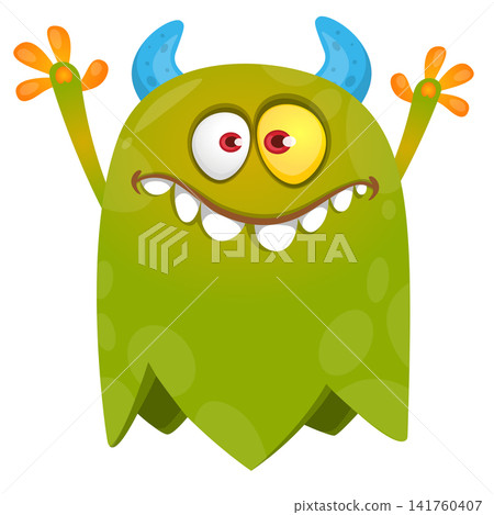 Cartoon cute and funny monster creature character design with scary horns and face expression waving hands . Vector illustration. For Halloween party decoration or package design Cartoon cute and funny monster creature character design with scary horns and face expression waving hands . Vector illustration. For Halloween party decoration or package design 141760407