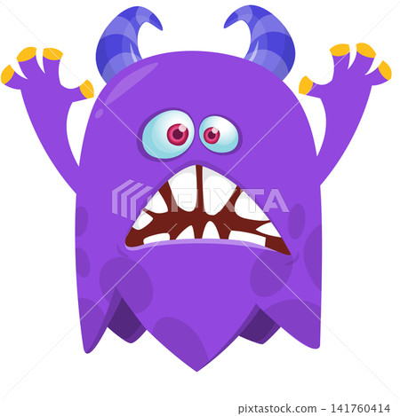 Cartoon cute and funny monster creature character design with scary horns and face expression waving hands . Vector illustration. For Halloween party decoration or package design Cartoon cute and funny monster creature character design with scary horns and face expression waving hands . Vector illustration. For Halloween party decoration or package design 141760414