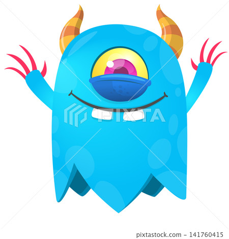 Cartoon cute and funny monster creature character design with scary horns and face expression waving hands . Vector illustration. For Halloween party decoration or package design 141760415