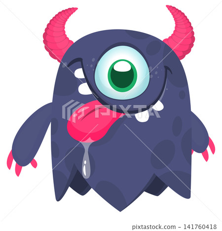 Cartoon cute and funny monster creature character design with scary horns and face expression waving hands . Vector illustration. For Halloween party decoration or package design Cartoon cute and funny monster creature character design with scary horns and face expression waving hands . Vector illustration. For Halloween party decoration or package design 141760418