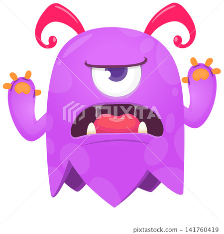 Cartoon cute and funny monster creature character design with scary horns and face expression waving hands . Vector illustration. For Halloween party decoration or package design 141760419