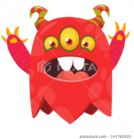 Cartoon cute and funny monster creature character design with scary horns and face expression waving hands . Vector illustration. For Halloween party decoration or package design Cartoon cute and funny monster creature character design with scary horns and face expression waving hands . Vector illustration. For Halloween party decoration or package design 141760420