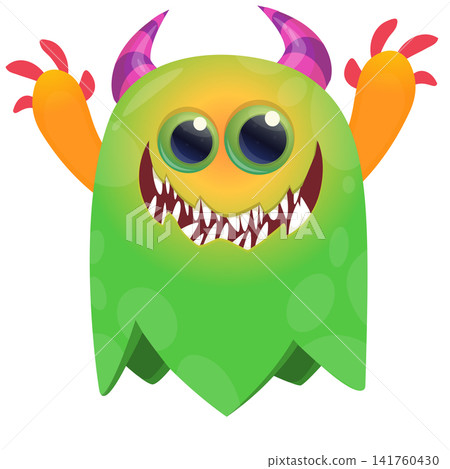 Cartoon cute and funny monster creature character design with scary horns and face expression waving hands . Vector illustration. For Halloween party decoration or package design Cartoon cute and funny monster creature character design with scary horns and face expression waving hands . Vector illustration. For Halloween party decoration or package design 141760430