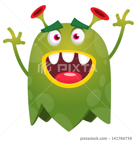 Cartoon cute and funny monster creature character design with scary horns and face expression waving hands . Vector illustration. For Halloween party decoration or package design Cartoon cute and funny monster creature character design with scary horns and face expression waving hands . Vector illustration. For Halloween party decoration or package design 141760739